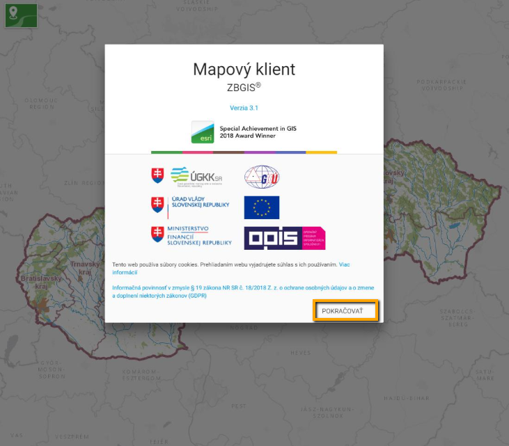 Mapový klient ZBGIS — úvodné okno aplikácie s tlačidlom Pokračovať