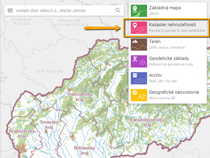 Mapový klient ZBGIS — zadanie témy Kataster nehnuteľností