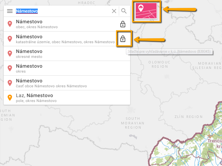 Mapový klient ZBGIS — vyhľadávanie obce alebo katastrálneho územia